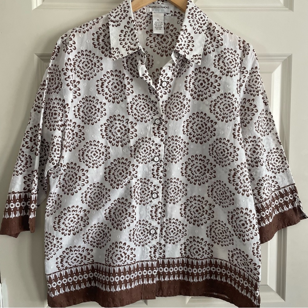 Draper’s & Damon’s Brown/White Floral Women's 3/4 Sleeve Button Up Blouse Cotton